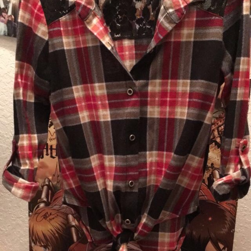 Plaid lacy button down with tie bottom